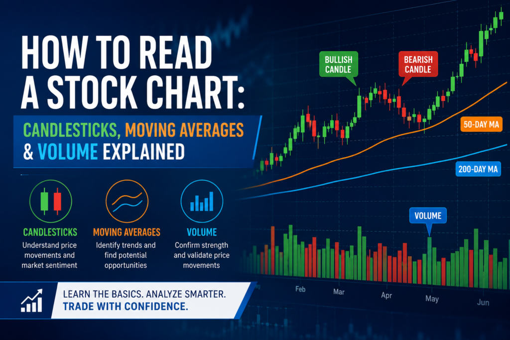 Illustration showing how to read a stock chart with candlestick patterns, moving averages, and trading volume indicators for beginner investors.
