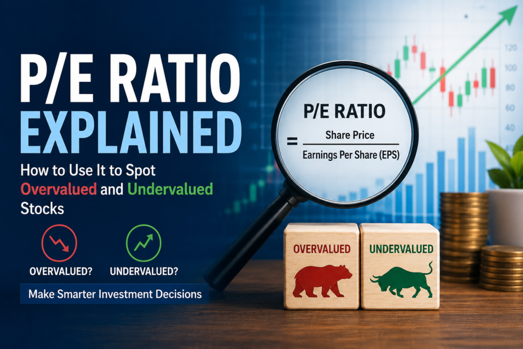 Illustration explaining the P/E ratio with stock market charts, earnings per share formula, and concepts of overvalued and undervalued stocks for beginner investors.
