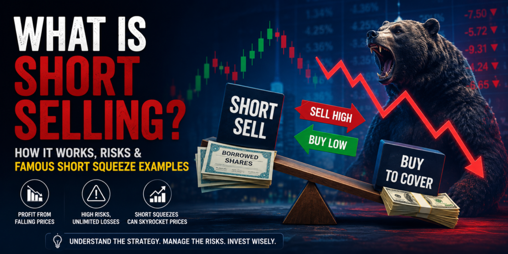Short selling explained with stock market charts, bear market graphics, and short squeeze examples