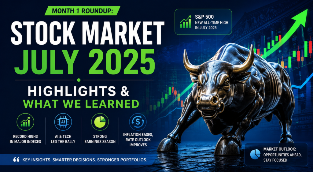 Stock Market July 2025 banner featuring bullish market trends, AI-driven growth, rising stock charts, and key investment highlights.