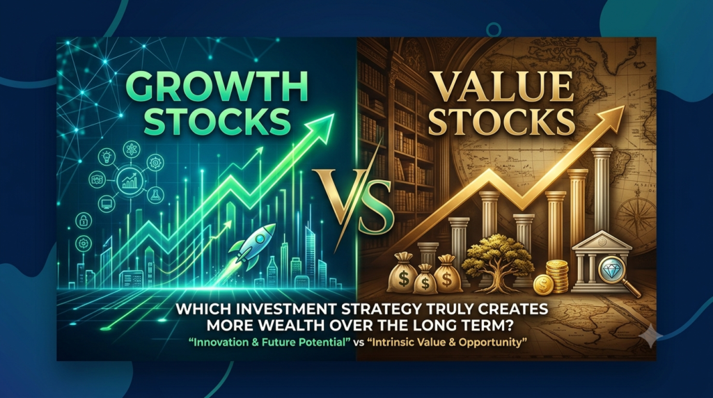 Growth Stocks vs Value Stocks comparison showing investment growth strategies and long-term wealth building