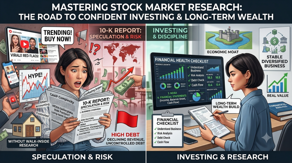 Investor reading a company's 10-K annual report and analyzing financial statements, revenue, cash flow, and business performance