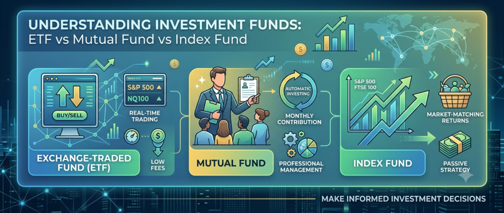 ETF vs mutual fund vs index fund comparison showing investment options, costs, diversification, trading flexibility, and long-term investing strategies