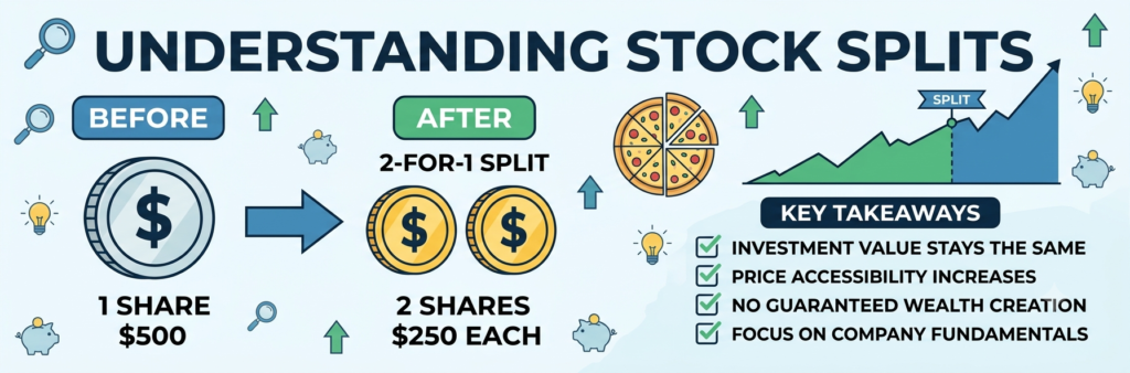 Illustration explaining how a stock split works, showing an increase in the number of shares while the share price adjusts proportionally for investors.