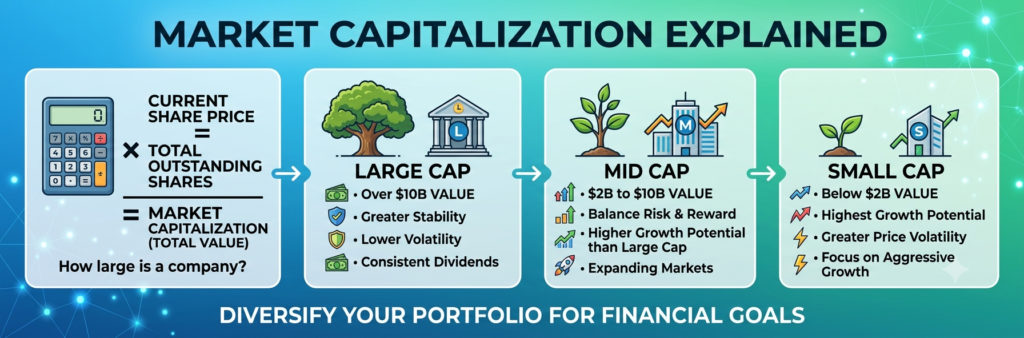 Market capitalization explained with comparison of large-cap, mid-cap, and small-cap stocks for beginner investors