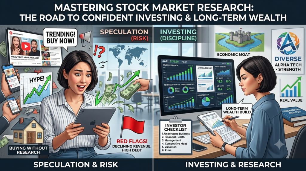 Beginner learning how to analyze company stocks using financial statements, stock charts, and investment research checklist before buying shares.