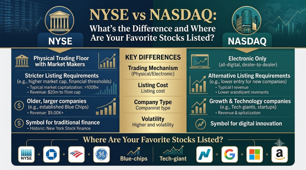 A comprehensive financial infographic banner titled "NYSE vs NASDAQ: What's the Difference and Where Are Your Favorite Stocks Listed?". The image is split into a side-by-side comparison with a dark blue and teal aesthetic. The left side represents the NYSE (New York Stock Exchange) using a classical building icon, detailing features like its physical trading floor, stricter listing requirements, blue-chip companies, and its role as a symbol for traditional finance. The right side represents NASDAQ using a modern digital building icon, highlighting its all-electronic market, growth and technology focus, and role as a symbol for digital innovation. A center column highlights key comparison metrics: Trading Mechanism, Listing Cost, Company Type, and Volatility. The bottom section displays stock examples, showing traditional giants like Chase, Bank of America, and GE under the NYSE column, and tech giants like Google, Microsoft, and Amazon under the NASDAQ column.