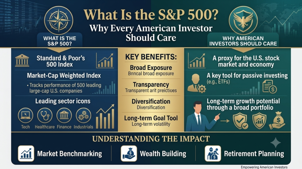 What is S&P 500 illustration showing the top U.S. companies, stock market growth chart, and American investing concept