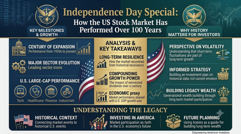 US stock market history showing Wall Street growth, stock market trends, financial charts, and American economic progress over the past 100 years