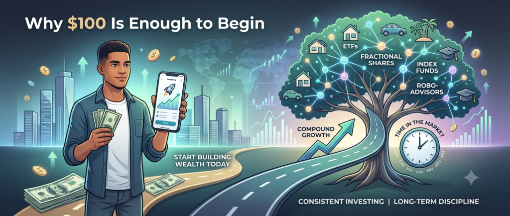 Beginner learning how to start investing with just $100 using ETFs, index funds, and fractional shares to build long-term wealth.