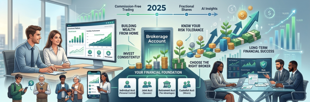 "Person opening a brokerage account online on a laptop to start investing in stocks and ETFs in 2025."