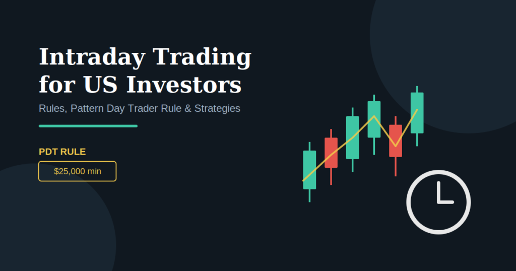 Intraday trading rules USA banner showing candlestick charts and the Pattern Day Trader rule minimum balance requirement