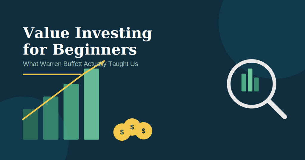 Value investing for beginners banner showing a rising growth chart, coins, and a magnifying glass over a bar chart